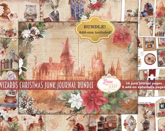 May include: A digital junk journal kit with a Christmas theme featuring a wizarding school, owls, and poinsettia flowers. The kit includes 16 junk journal pages and 8 add-on ephemera pages. "WIZARDS CHRISTMAS JUNK JOURNAL BUNDLE" and "Liana Scrap" are written on the image.