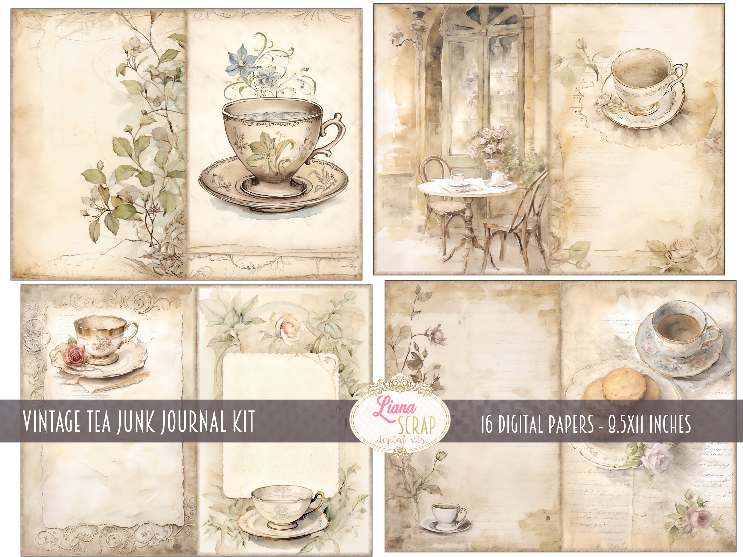 Tea Junk Journal Kit  Vintage Digital Collage Sheet