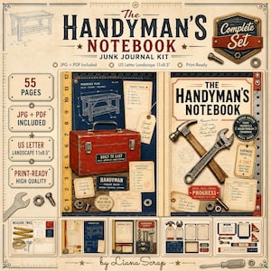 May include: The Handyman's Notebook junk journal kit includes 55 pages in US letter landscape 27.9 x 21.6 cm format. The design features a red toolbox, a hammer, a wrench, blueprints, and hardware supply labels on a vintage-style paper background.