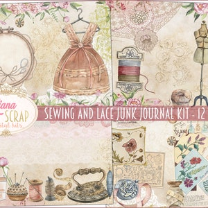 Kit digital de diário de costura e renda, diário imprimível com tema de costura, máquina de costura e folhas de colagem de moda vintage