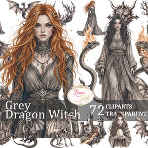Ensemble de 72 cliparts numériques Dragon gris sorcière - PNG, art sorcière, dragons, graphismes fantastiques