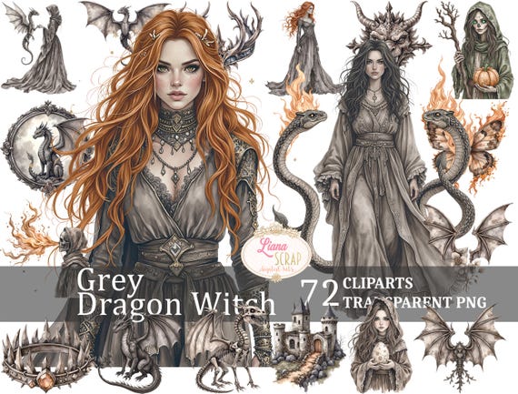 Grey Dragon Witch 72 Digital Clipart Set - PNG, Witchy Art, Dragons, Fantasy Graphics