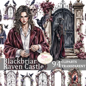 Puede incluir: Conjunto de im&aacute;genes predise&ntilde;adas digitales "Blackbriar Raven Castle" con ilustraciones en acuarela. Incluye un retrato central, cuervos, arcos g&oacute;ticos, calaveras florales y una figura de cuervo con abrigo largo. El conjunto contiene 94 im&aacute;genes PNG transparentes.