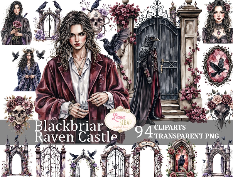 Puede incluir: Conjunto de im&aacute;genes predise&ntilde;adas digitales "Blackbriar Raven Castle" con ilustraciones en acuarela. Incluye un retrato central, cuervos, arcos g&oacute;ticos, calaveras florales y una figura de cuervo con abrigo largo. El conjunto contiene 94 im&aacute;genes PNG transparentes.