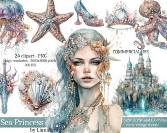 Sea Princess Clipart PNG Set, 24 under the sea clipart, commercial use clip art, watercolor illustrations, PNG underwater princess theme