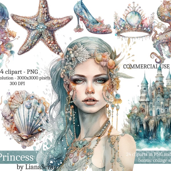 Sea Princess Clipart PNG Set, 24 under the sea clipart, commercial use clip art, watercolor illustrations, PNG underwater princess theme