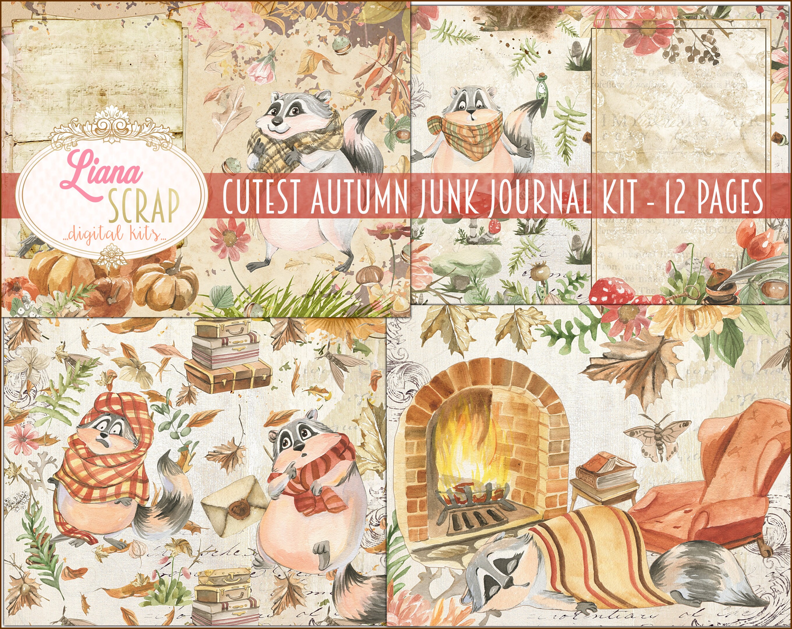 Cute Autumn Junk Journal  Kawaii Digital Paper - Inspire Uplift