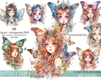 Butterfly Fairy Clipart PNG Set, 20 fairy clipart, commercial use clip art, butterfly fairy watercolor art, PNG fairy theme illustrations