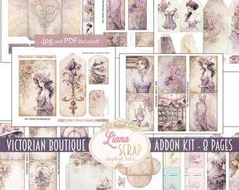 May include: A digital scrapbook kit with a Victorian theme. The kit includes 8 pages of printable images with a purple and white color scheme. The images feature a variety of Victorian-era designs, including flowers, hats, and dresses. The kit is perfect for scrapbooking, card making, and other paper crafts.
