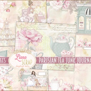May include: A digital scrapbook kit with 12 pages featuring a Parisian tea theme. The kit includes images of teacups, teapots, roses, and a Parisian storefront. The text "Liana Scrap digital kits" and "Parisian Tea Junk Journal Kit" is included in the image.