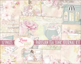 Może przedstawiać: Zestaw do scrapbookingu cyfrowego z 12 stronami o tematyce paryskiej herbaty. Zestaw zawiera obrazy filiżanek do herbaty, czajników, róż i paryskiego sklepu. Tekst "Liana Scrap digital kits" i "Parisian Tea Junk Journal Kit" jest zawarty w obrazie.