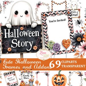 Puede incluir: Una colección de imágenes prediseñadas digitales con temática de Halloween. Incluye un fantasma sosteniendo un letrero que dice "Halloween Story", marcos, flores, arañas, piruletas y una calabaza. También está presente el texto "You're Invited!". La imagen está etiquetada como "69 CLIPARTS TRANSPARENT PNG".