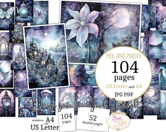 Junk Journal - Midnight - US Letter and A4 size, Mix and Match Pages, Magical Night Digital Paper in printable PDF and JPG