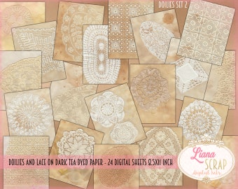 Coffee Dyed Lace Digital Paper, Vintage Doilies (Digital Download)