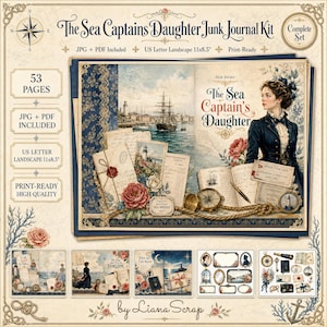 Pode incluir: O kit de diário The Sea Captains Daughter inclui 53 páginas em formatos JPG e PDF, dimensionadas para US Letter Landscape 27,9x21,6 cm. O conjunto apresenta ilustrações náuticas, cartas antigas, uma bússola e um retrato de mulher.