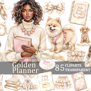 Gouden planner 85 clipartset, digitale plannerstickers, aquarelillustraties, transparante png, esthetische ontwerpen, dagelijks leven