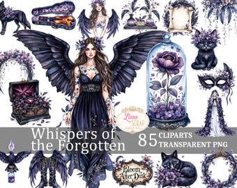 May include: A set of 85 digital clipart images featuring a dark and whimsical theme. The images include a raven, a black cat, a rose in a glass dome, a woman with black wings, a vintage music box, and a wreath of purple flowers. The images are perfect for creating invitations, cards, scrapbook pages, and other digital projects.