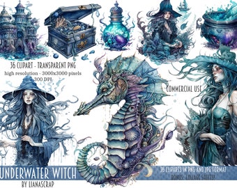 Underwater Witch Clipart PNG Set, 36 witch clipart, magic commercial use watercolor clip art, PNG underwater witch theme illustrations