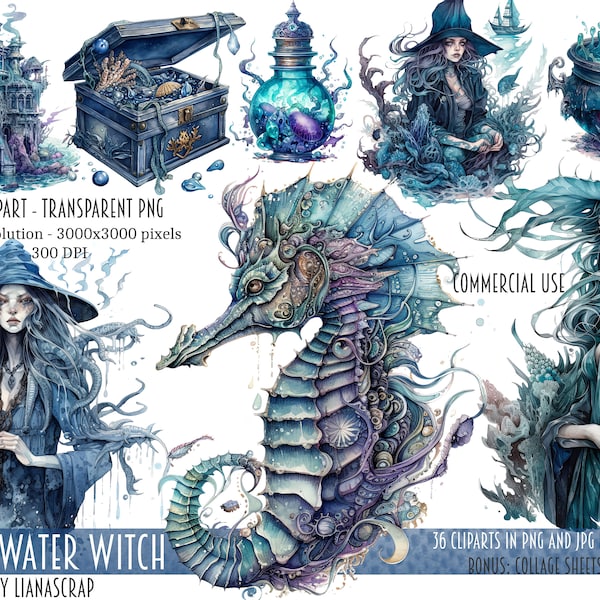 Underwater Witch Clipart PNG Set, 36 witch clipart, magic commercial use watercolor clip art, PNG underwater witch theme illustrations