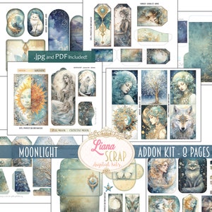 Puede incluir: Un kit de scrapbooking digital con 8 páginas de imágenes que incluyen una luna, estrellas, un lobo, un gato, una mariposa y una mujer con el pelo largo y suelto. El kit incluye archivos .jpg y .pdf. El texto "Moonlight Addon Kit - 8 Pages" es visible en la imagen.
