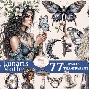 Ensemble de cliparts Lunaris Moth 77 - aquarelles florales, papillons, animaux, sorcières PNG pour art numérique, agendas, scrapbooking