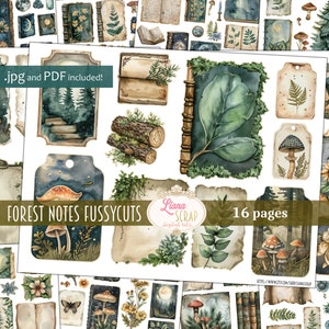Junk Journal Ephemera, Forest Notes Fussy Cuts Printable, Digital Download, Midnight Woodland Stickers, Embellishments for Junk Journals