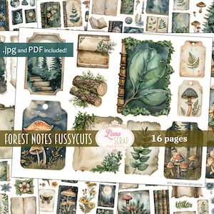 Junk Journal Ephemera, Wald Notizen Fussy Schnitte druckbar, digitaler Download, Midnight Woodland Aufkleber, Verzierungen für Junk Journals Bild 1