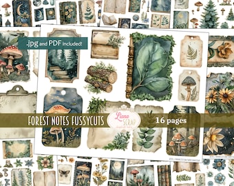 Junk Journal Ephemera, Forest Notes Fussy Cuts Printable, Digital Download, Midnight Woodland Stickers, Embellishments for Junk Journals