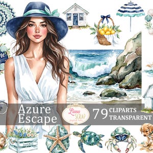 Azure Escape 79 Images Clipart plage côtière PNG planificateur numérique autocollants aquarelle, été vintage plage, bord de mer, océan, sous-marin