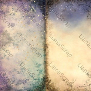 May include: A vintage-style background with a faded, textured look. The background is split into two sections, one with a purple and blue color scheme and the other with a yellow and brown color scheme. Both sections have a subtle pattern of stars and floral designs.