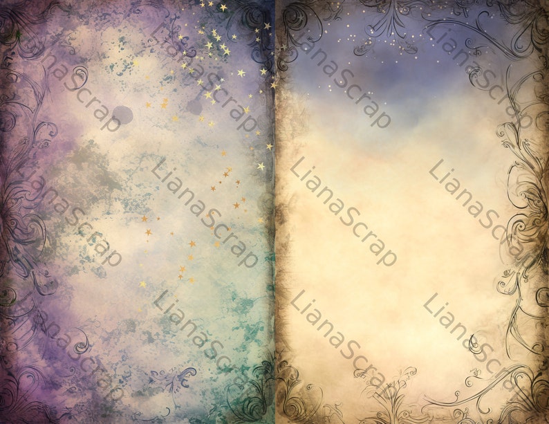 May include: A vintage-style background with a faded, textured look. The background is split into two sections, one with a purple and blue color scheme and the other with a yellow and brown color scheme. Both sections have a subtle pattern of stars and floral designs.