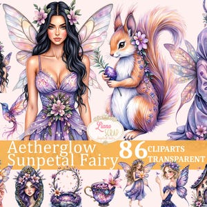 Aetherglow Sunpetal Fairy - 86 fées florales Clipart, PNG aquarelle, autocollants pour agenda numérique, créatures mythiques, art fantastique