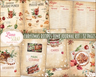 Christmas Recipes Junk Journal Kit, Recipe Book Collage Printables, Digital Kit to create a Christmas CookBook, Junk Journal Paper