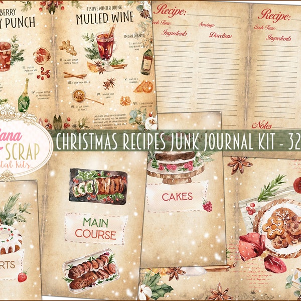 Christmas Recipes Junk Journal Kit, Recipe Book Collage Printables, Digital Kit to create a Christmas CookBook, Junk Journal Paper