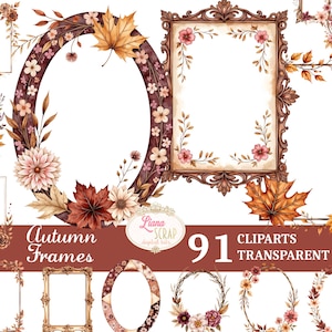 May include: A collection of watercolor autumn frames and clip art. The frames are in various shapes, including oval, rectangular, and square, and are decorated with fall leaves, flowers, and pumpkins. The text "Autumn Frames" and "91 Cliparts Transparent PNG" is also included.