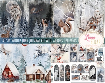May include: A digital scrapbooking kit with 20 pages featuring a winter wonderland theme. The kit includes images of a snowy forest, animals, and houses. The text "FROSTY WINTER JUNK JOURNAL KIT WITH ADDONS - 20 PAGES" and "Liana Scrap digital kits" is included in the image.