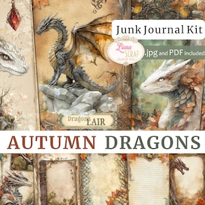 Kit de diario basura de dragones de otoño, imprimibles de collage de fantasía, kit de fantasía, papel de diario basura de dragones, diario basura digital de dragones