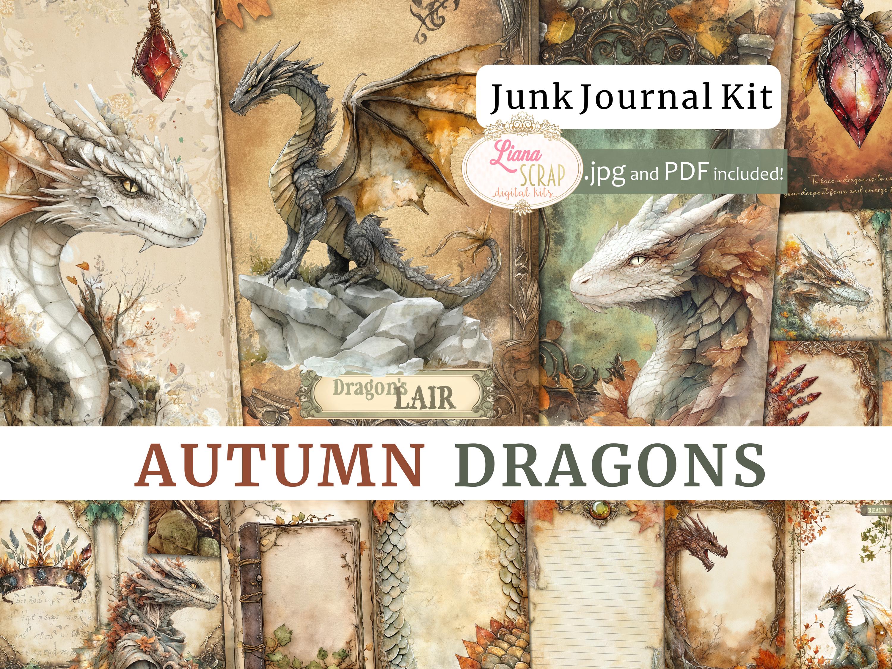 Autumn Dragons Junk Journal Kit, Fantasy Collage Printables