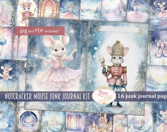 Könnte beinhalten: Ein digitales Junk Journal Kit mit einem Nussknacker-Maus-Thema. Das Kit enthält 16 Seiten mit Illustrationen von Mäusen, die als Ballerina und Soldat verkleidet sind, sowie winterliche Szenen und Schlösser.