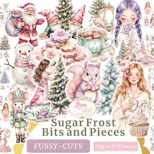 May include: A selection of watercolour illustrations with a winter holiday theme. The image features Santa Claus, gnomes, a snowman, a squirrel, and other festive elements. Text on the image reads "Sugar Frost Bits and Pieces" and "Fussy-Cuts."