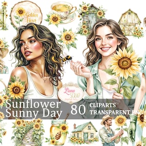 Tournesol Sunny Day 80 Clipart numérique, tournesol PNG, Illustration de l'été, Design floral, fond Transparent, autocollants de l'agenda