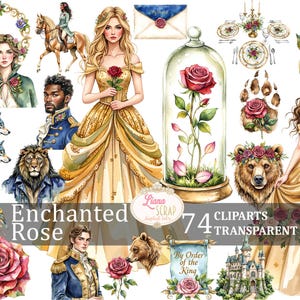 Clipart rose enchantée 74 Images PNG Graphismes de conte de fées Agenda numérique Stickers Aquarelle, livre de contes, La belle et la rose