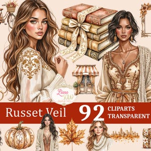 Puede incluir: Ilustraciones digitales con mujeres, libros y elementos otoñales. La imagen incluye el texto "Russet Veil" y "92 Cliparts Transparent PNG". La paleta de colores se compone de tonos cálidos como beige, marrón y dorado.