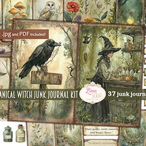 Botanische Hexe Junk Journal Digital Kit zum Ausdrucken, Heilkräuter druckbares Collage Sheet, Grimoire Junk Journal Papier, Zauberbuch