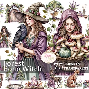 Forêt Boho sorcière 75 Clipart numérique ensemble, sorcière PNG, Illustration de la forêt, Boho Design, graphiques Transparents