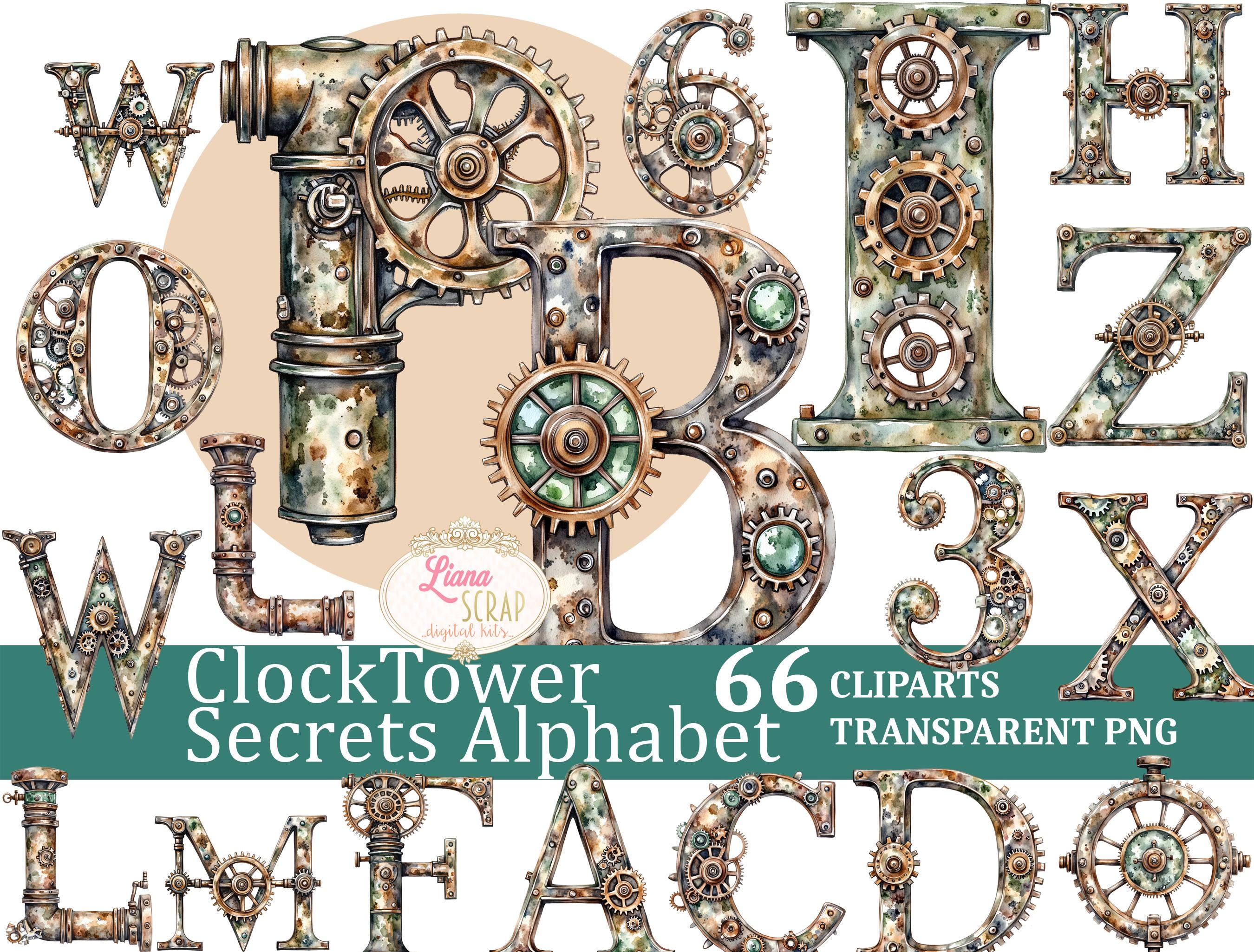 Steampunk Alphabet Clipart Set – Clockwork Gears, Numbers, Letters (PNG ...