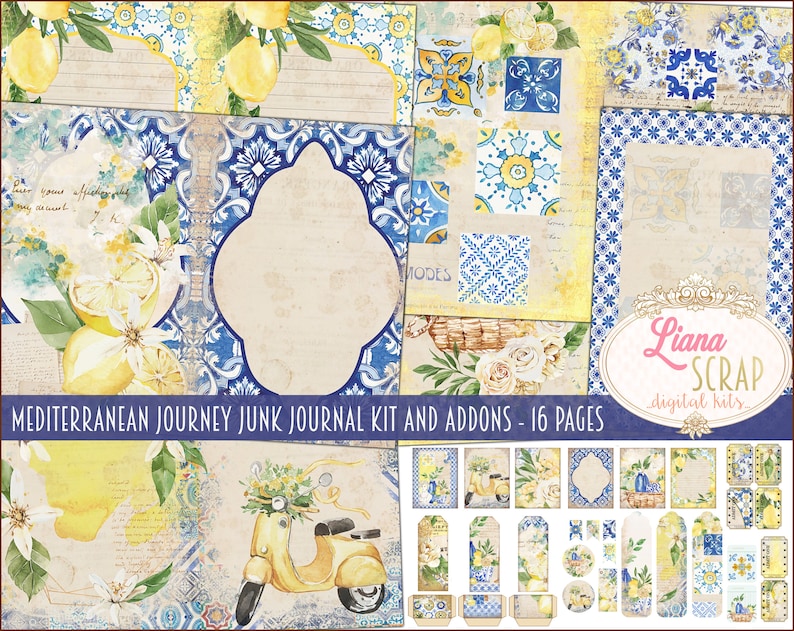 May include: A digital junk journal kit with 16 pages featuring a Mediterranean theme. The kit includes images of lemons, flowers, tiles, and a scooter. The text "Mediterranean Journey Junk Journal Kit and Addons - 16 Pages" is visible on the image.