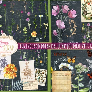 Chalkboard Botanical Junk Journal Digital Kit Printable, Floral Digital Collage Sheets, WildFlowers Junk Journal, Junk Journal Paper