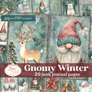 Diário de lixo de inverno Gnomy, diário de lixo de Natal mágico, família de gnomos, floresta, magia de Natal, páginas de inverno de contos de fadas