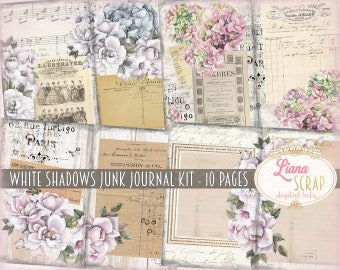 White Shadows Junk Journal Digital Kit Printable, Vintage Digital Collage Sheets, Junk Journal Paper